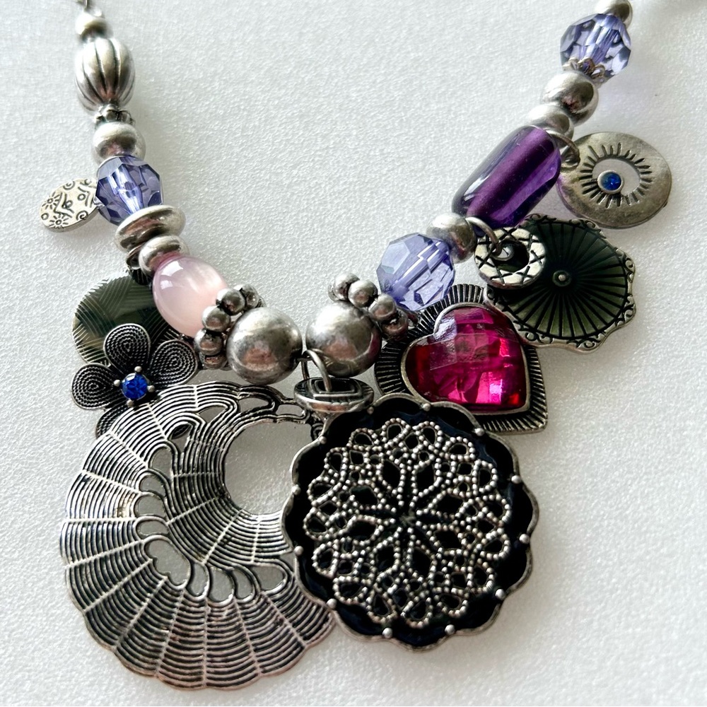 Tribal Sterling Silver Bib Necklace Purple Blue Pink Red Charms Snake Link 16”